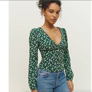 Green Floral V-Neck Long-Sleeve Top